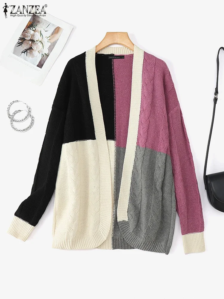 

Осень-зима 2025 года, свитера ZANZEA, женские кардиганы с длинными рукавами, вязаная верхняя одежда, длинные кимоно, пальто, лоскутные джемперы с открытой передней частью