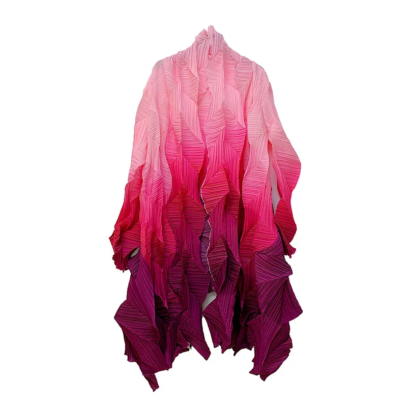 2025 New Fashion Miyake Pleated Gradient Mid-length Loose Cardigan Cape Jacket Autumn Coat Women