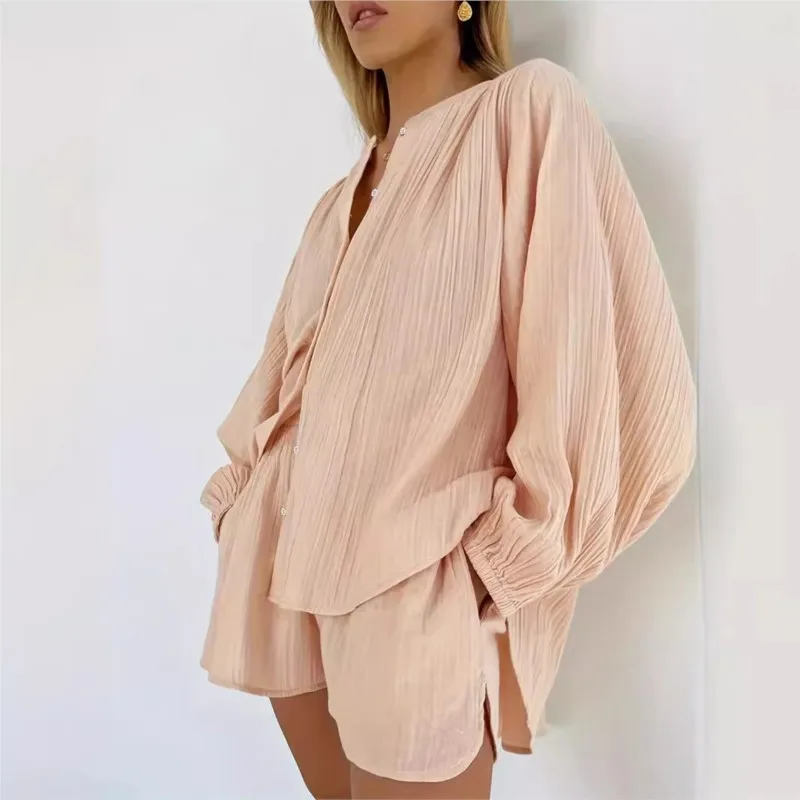 Spring And Summer New Shirt Suit Long-sleeved Shirt Shorts Two-piece Set Women's Button Casual Beach Shirt Women