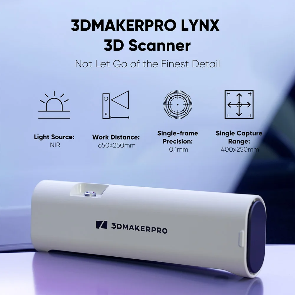 3DMakerpro Lynx 3D Scanner Premium Edition, 0.10mm Accuracy, 0.30mm Resolution, 10fps Frame Rate, Class 1 White Light, Visual