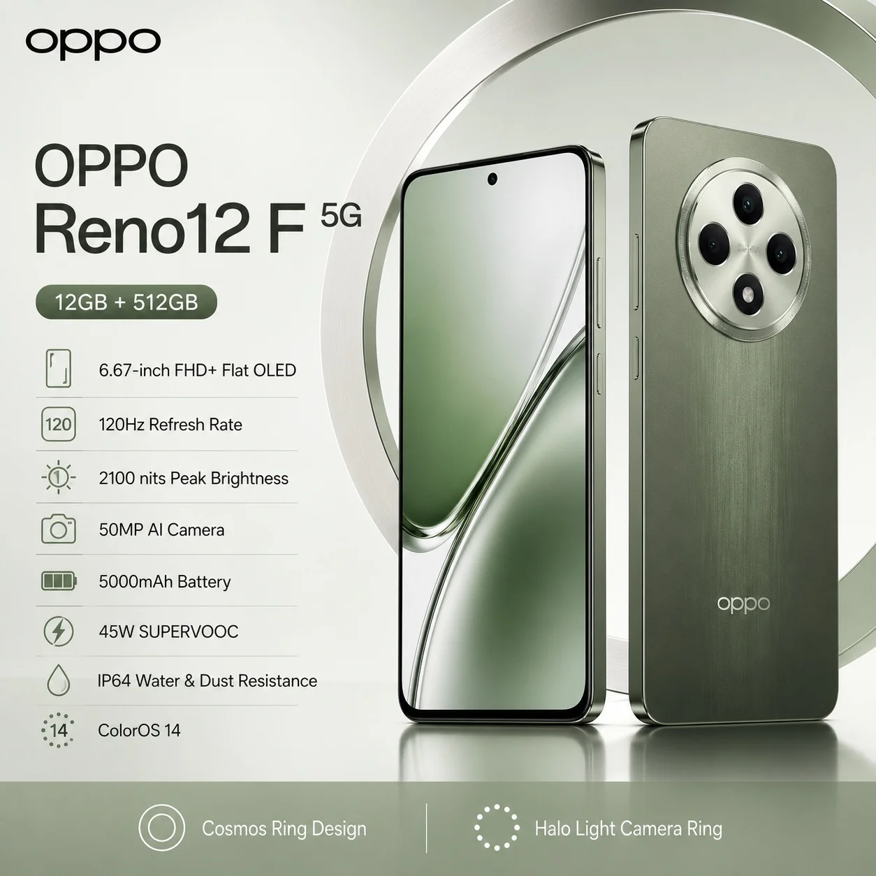 2026 new OPPO Reno12 F 5G 12GB+512GB Phone, 50MP AI Camera, 32MP Selfie, 120Hz OLED, Cosmos Ring, 5000mAh, 45W SUPERVOOC, IP64