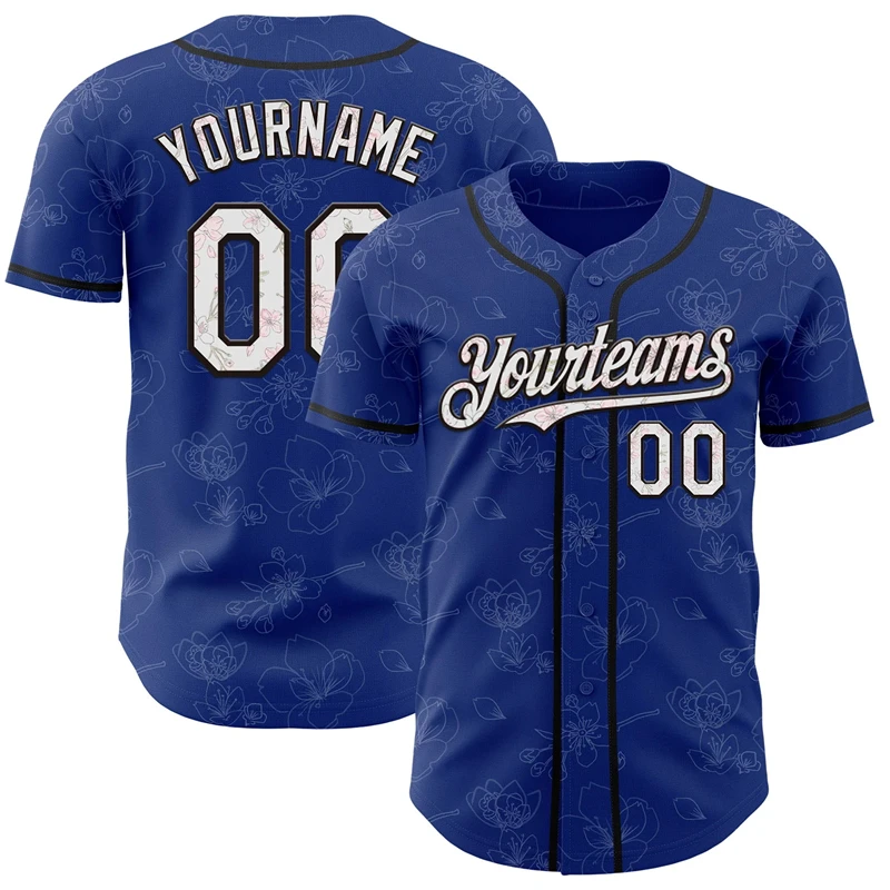 Camisa de beisebol personalizável, camisa de time com estampa de nome do time, número, padrão de flor de cerejeira, roupa esportiva, camiseta de beisebol para homens e mulheres
