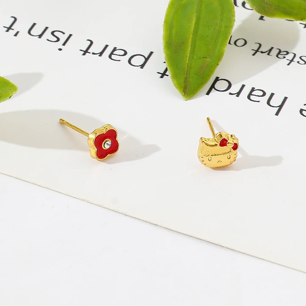 Sanrio Hello Kitty and Cute Little Red Flower Earrings Creative Cute Asymmetric Earrings Sweet Style Fashion Girls Ear Studs