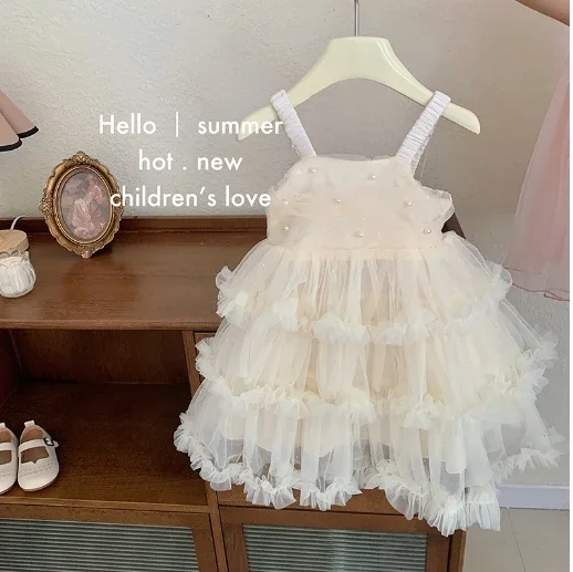 Girls Skirt 2026 Summer New Childrens Clothes Korean Style Girl Baby Solid Color Princess Suspender Pompadour Skirt Casual