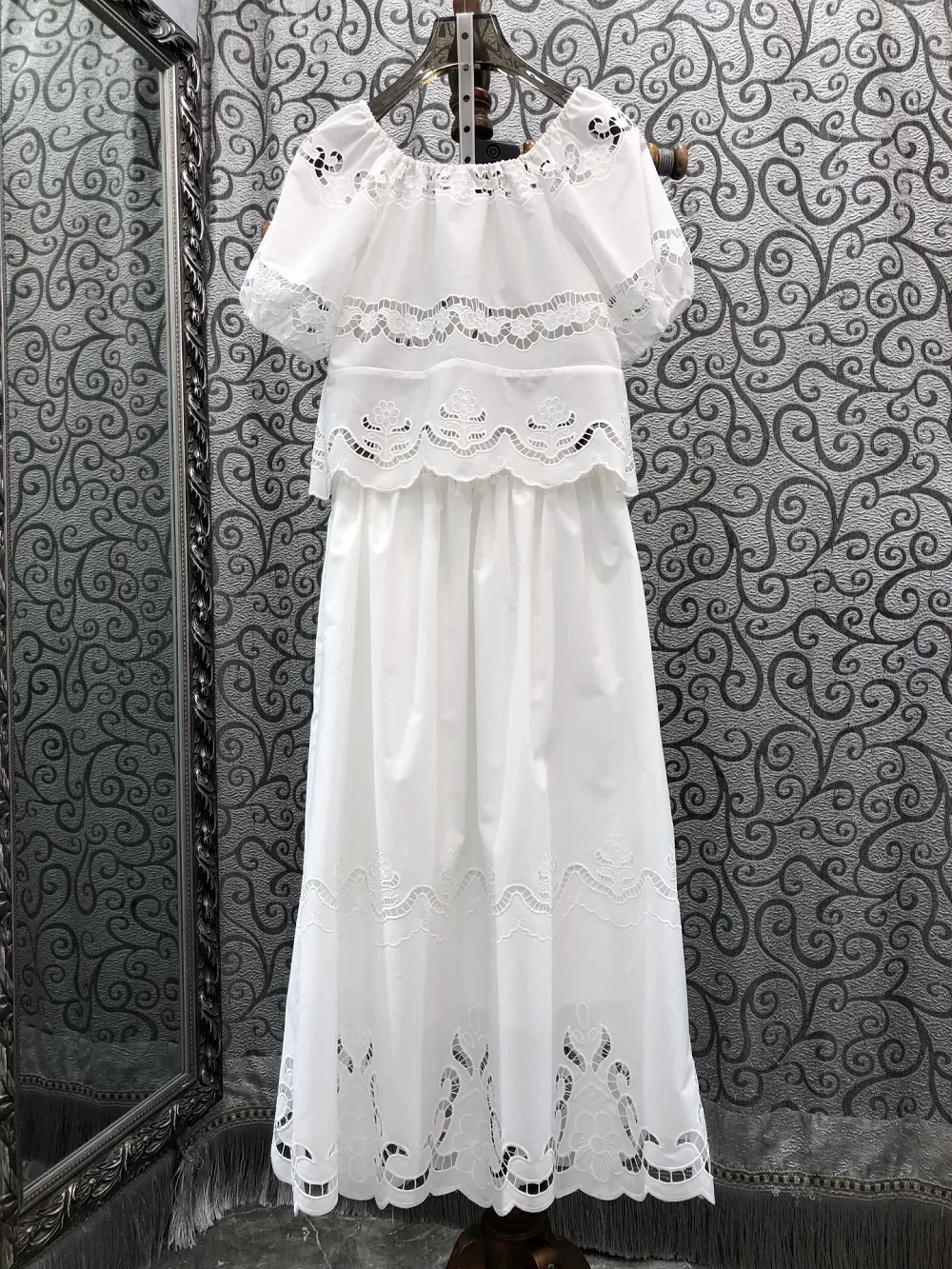 High Quality Designer Clothes Set 2026 Summer Fashion Skirt Suit Women Hollow Out Embroidery White Tops Blouse+Long Skirt Sets