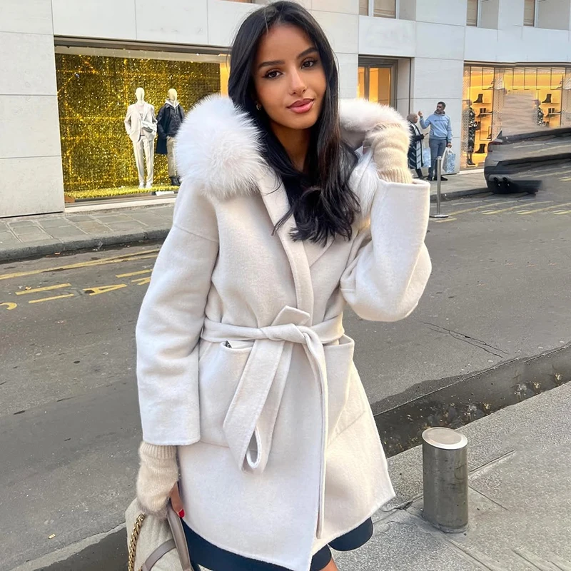 Tornova Luxury Fur Collar Double-sided Wool Coat Woman Mid-length Hooded Overcoat 2025 Autumn Winter New Female Furry Outwear