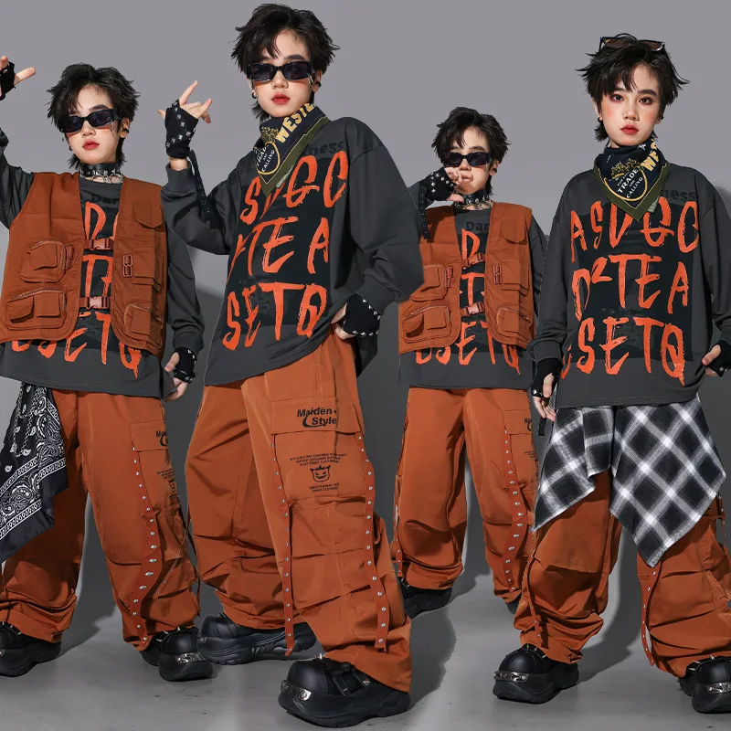 

Комплект в стиле хип-хоп для мальчиков, толстовка, жилет, брюки-карго, костюм для джазовых уличных танцев для девочек, детская одежда, детская уличная одежда K-pop