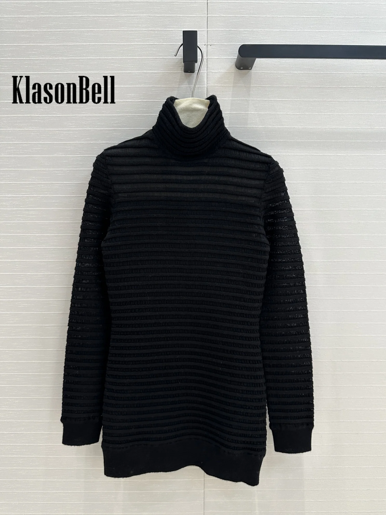 10.10 KlasonBell-Women Autumn Winter New Hollow Out Jacquard Knitwear Back Zipper Elegant Turtleneck Wool Blend Sweater