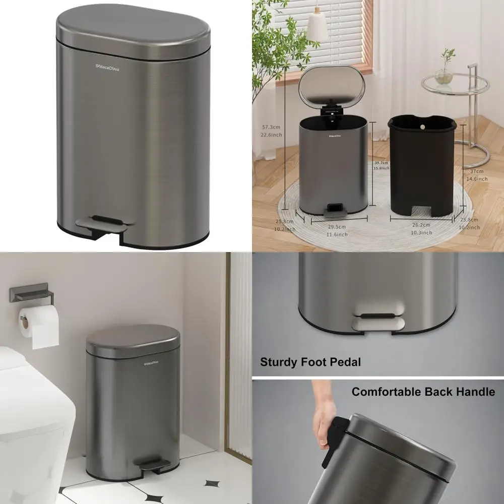

Stainless Steel Round Bathroom Trash Can with Soft-Close Lid and Removable Inner Bucket for Small Spaces