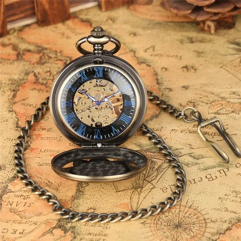 Exquisite Luxury Lotus Flowers Unisex Mechanical Hand Wind Pocket Watch Carving Bronze Skeleton Fob Watches Clock Best Gift Relo