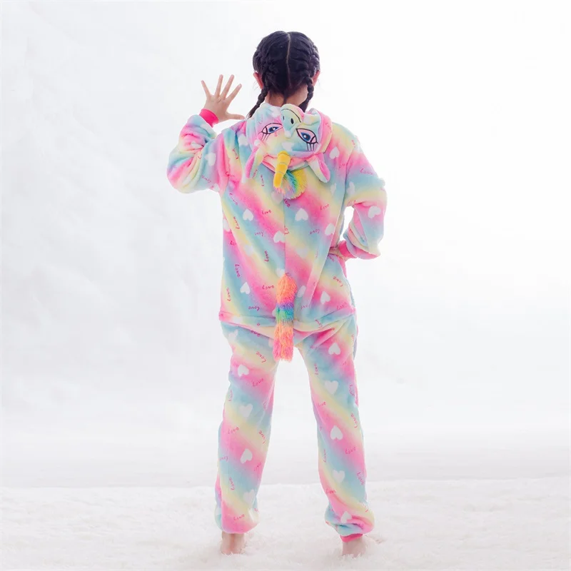 Flannel Colored Unicorn One-piece Pajamas Children Long Sleeve Hooded Loungewear Ankle-length Onesies Kigurumi Cartoon Jumpsuit