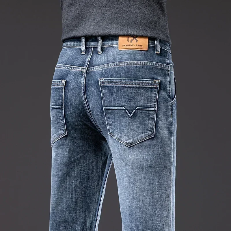 Autumn Classic Men's Light Blue Regular Fit Jeans Business Fashion Denim Stretch Straight Pants Smoke Gray Trousers Male Brand