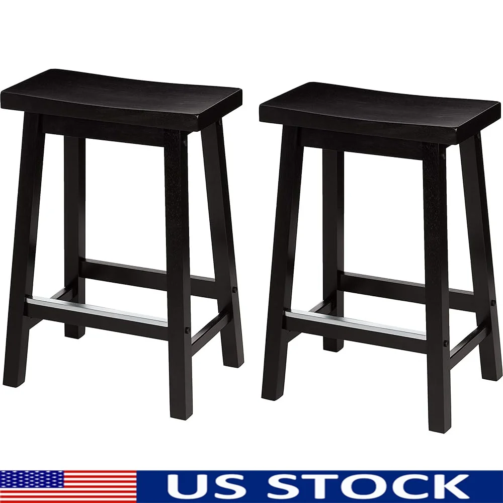 

24 Inch Counter Height Stools Set of 2 Solid Wood Saddle Seat Barstools Kitchen Island Dining Room