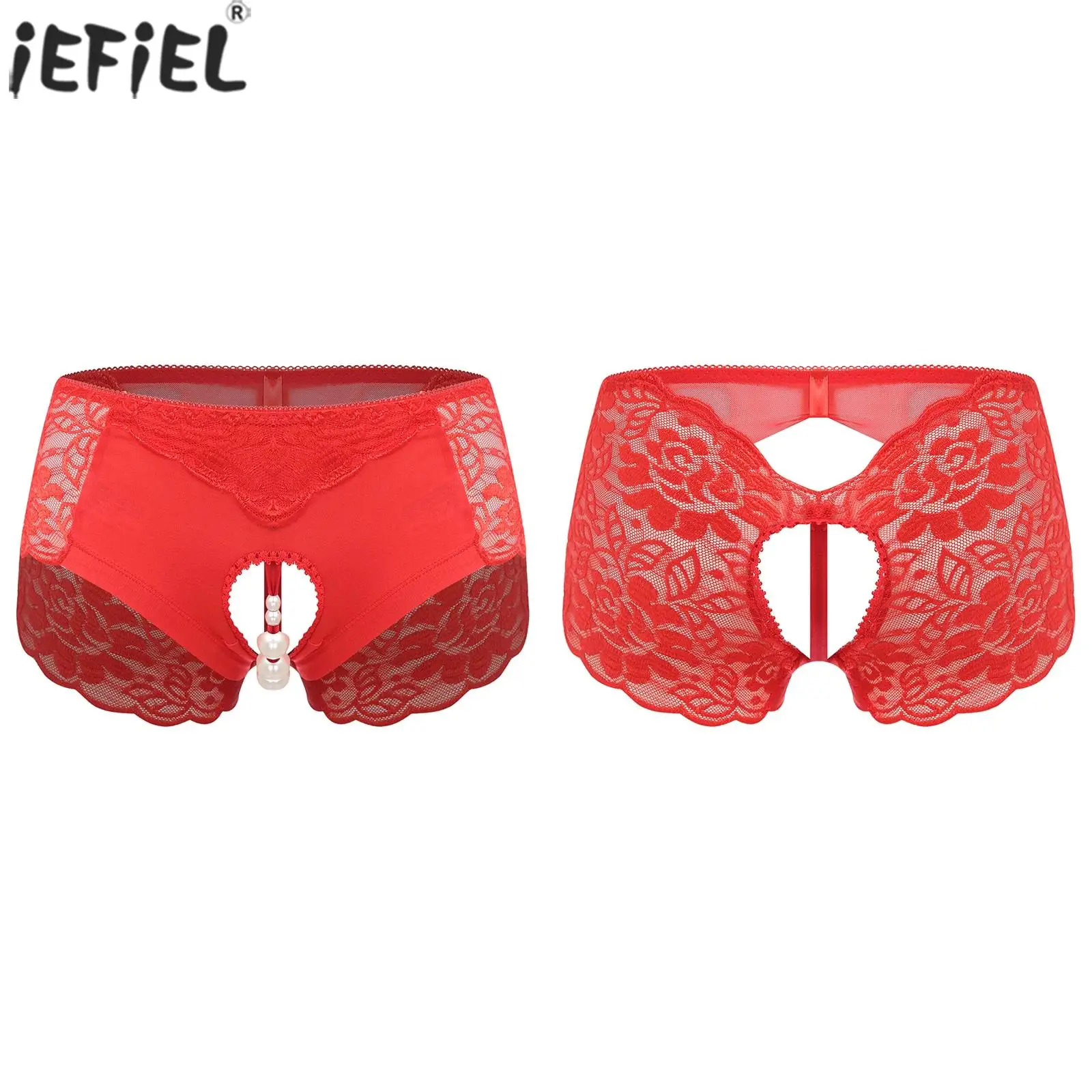 Bragas con trasero abierto de encaje Floral para mujer y adulto, bragas eróticas con banda de perlas de imitación, calzoncillos tentadores para estimular la ropa de dormir
