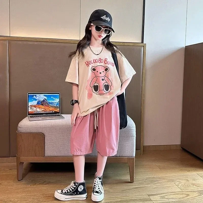 

Summer Teenage Girl Clothes Kid Cartoon Bear T-Shirts Shorts Suit Children Girls Letter Short Sleeve Top and Bottom 2 Pieces Set