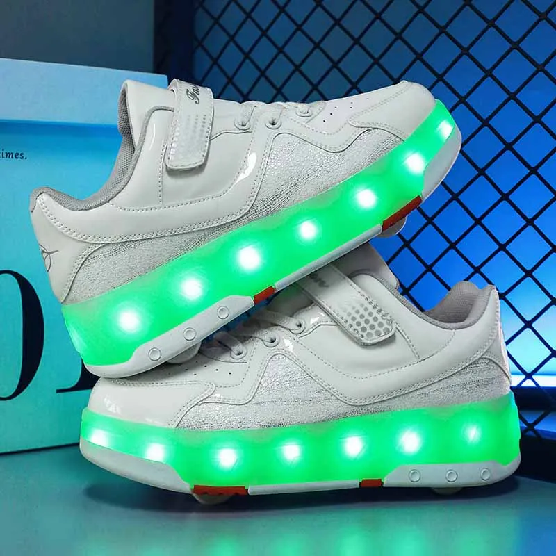 Kids 4 Wheel Roller Skate Shoes Women Man Telescopic Deformation Shoes Lights Up LED Girl Boy Adjustable Rolling Skates Sneakers