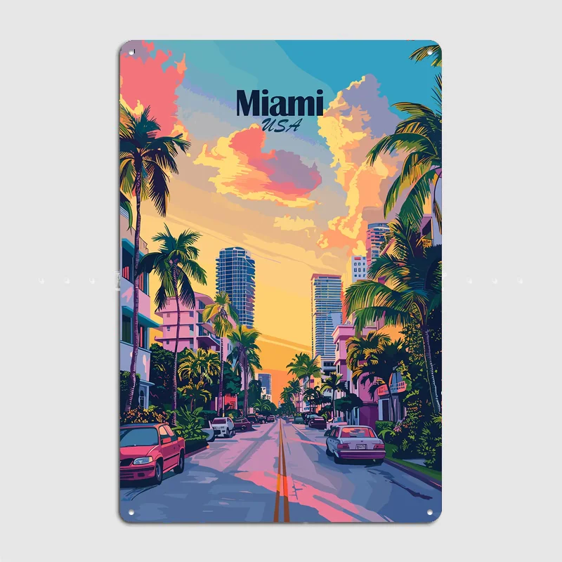 Miami USA Cityscape with Palm Trees Metal Custom Sign Living Room Wall Indoor Decor Room Decoration Bedroom Posters Home Decor