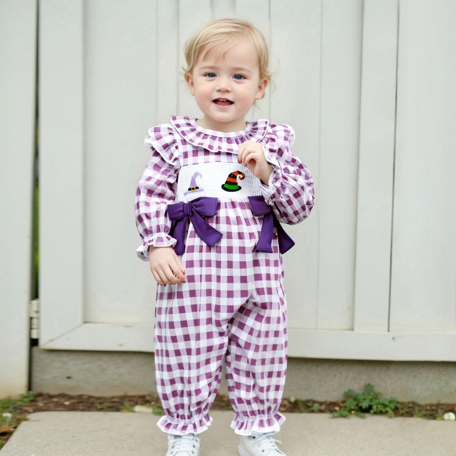 

Baby Girl Halloween Romper Long Sleeve Round Neck Witch Hat Embroidery Jumpsuit Newborn Infant Autumn Clothes