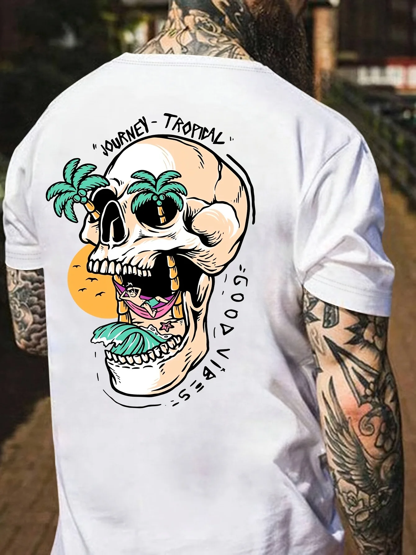 Lebhaft bedrucktes tropisches Totenkopf-T-Shirt mit Palmenaugen und Strandmotiv, 100 % Baumwolle, Herren-T-Shirt, Sommer-Streetwear