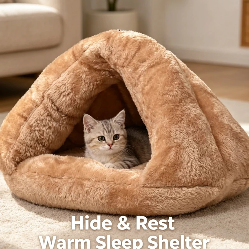Cama Triangular de Pelúcia para Animais de Estimação, Ninho Macio e Quente para Gatos e Cães Pequenos, Casa Aconchegante para Dormir, Uso Interno no Inverno, Almofada Lavável