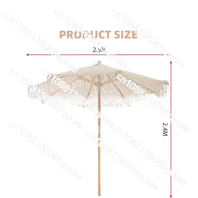 Bohemia Cotton Rope Parasols 2.5M Wooden Pole Handmade Tassels Woven Canopy Beach Umbrella with Macrame Fringe