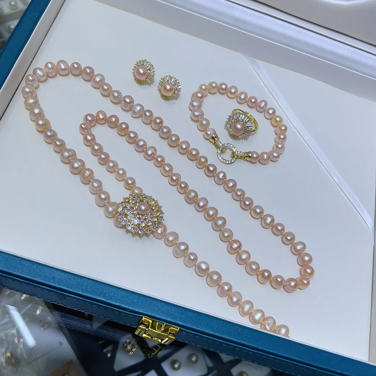 8-9mm Pink Freshwater Pearl Jewelry Set, Necklace Bracelet Ring Earrings, Complete Pearl Collection Gift