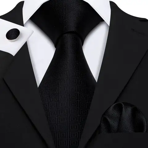 Black Geometric Tie Tie For Men Wedding Tie Party Necktie Handkerchief Cravat Barry.Wang Fashion Designer Tie Set LS-5225