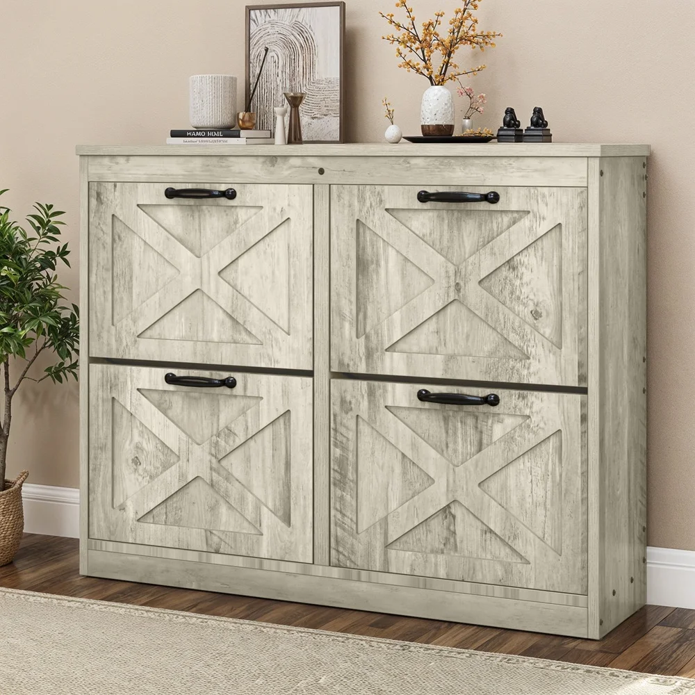 

Shoe Cabinet Organizer with 4 Flip Drawers Metal Legs Farmhouse Shoe Rack Entryway Hallway Living Room Storage Solution