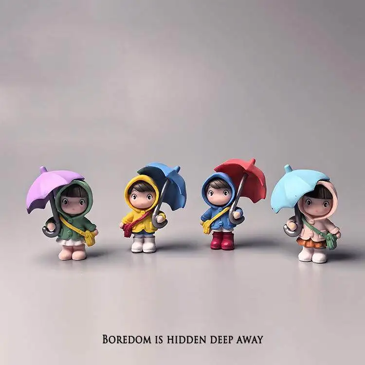 4PCS Mini Umbrella Doll Figurine Set - Healing Resin Decor for Desk Shelf, Cute Rainy Day Collectible, Calming Gift for Women
