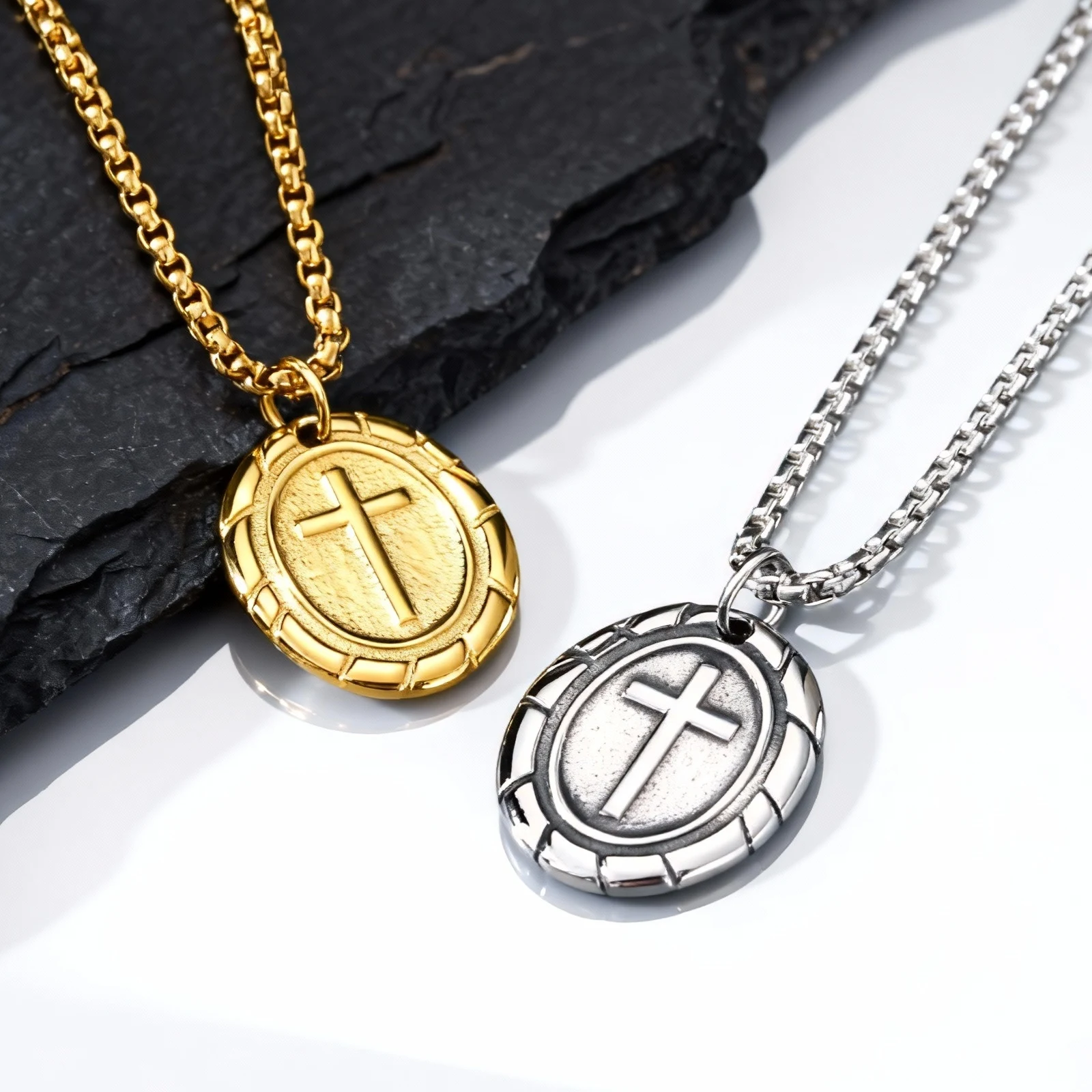 Gold Color Cross Necklaces for Men,Stainless Steel Oval Cross Pendant Necklace,New Punk Religious Faith Collar Gifts - Image 6