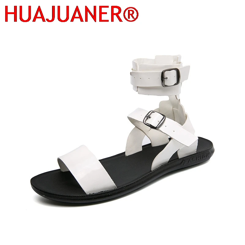 

Summer New Men Gladiators High Tops Belt Leather Casual Shoes Breathable Beach Sandals Outdoor Slippers Black White Plus Size