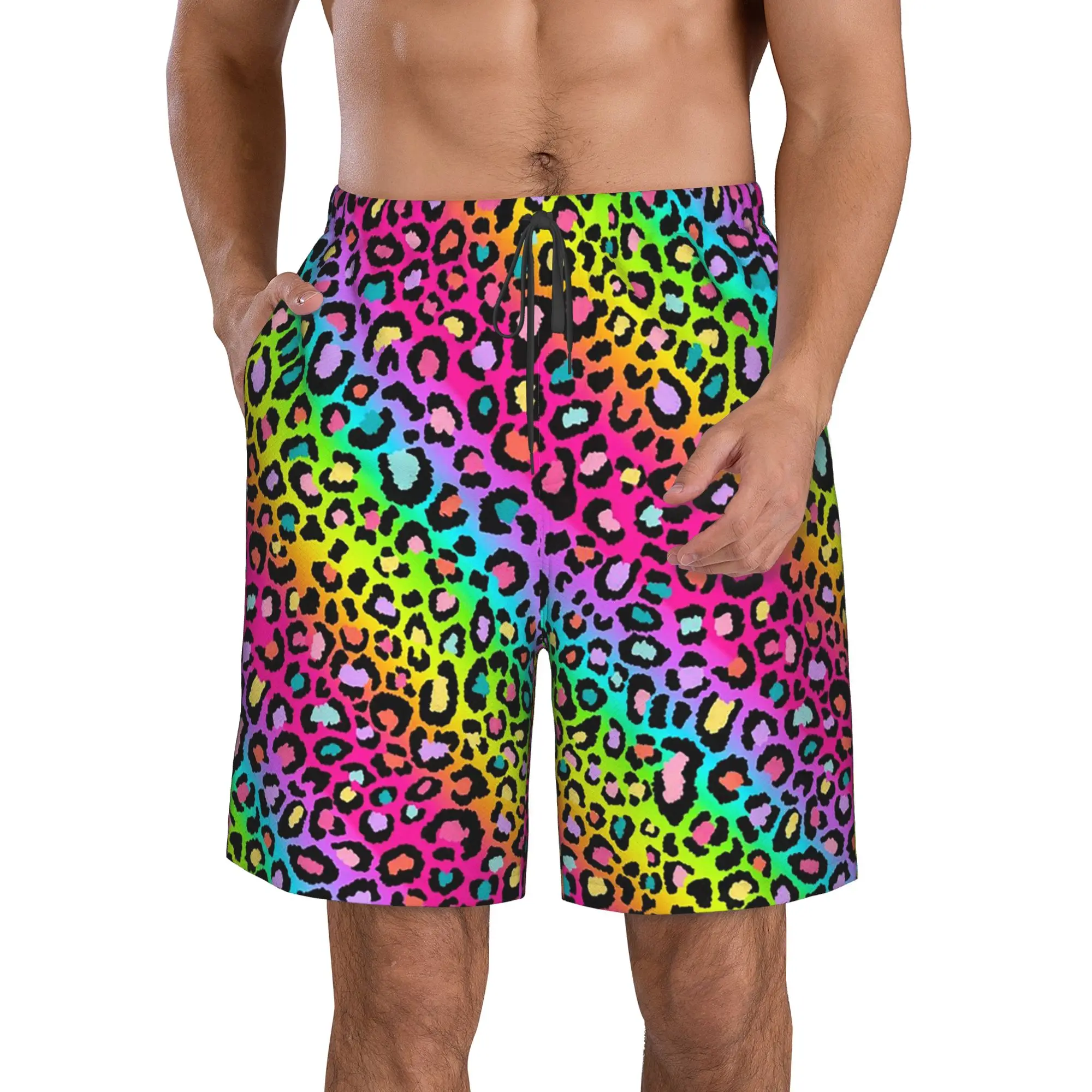 Vibrant Rainbow Leopard Print Trunks Beach Board Shorts Casual Quick Dry Swim Summer Men Pants