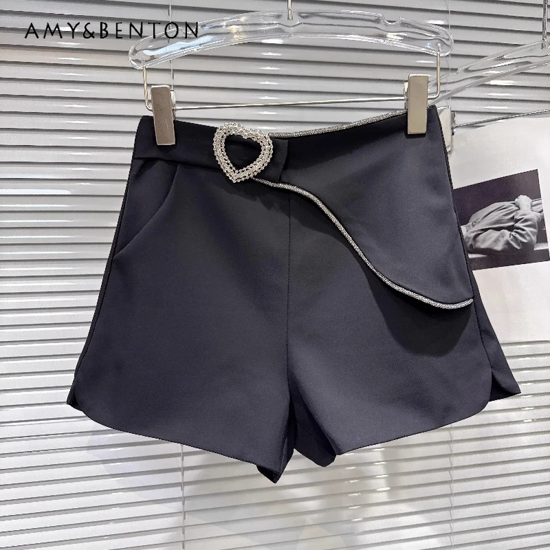

Elegant Temperament Love Rhinestone Buckle Irregular Women's Shorts 2026 Summer Solid Color Sweet Cool Versatile Pants Ladies