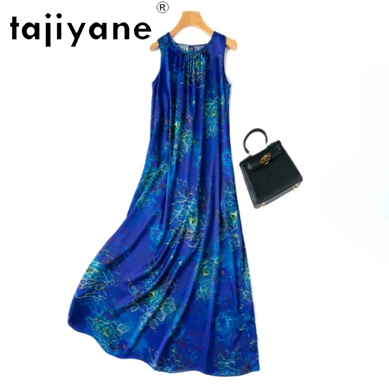 Tajiyyane 93% vestidos longos de seda amoreira para mulher verão estiramento cetim tanque vestido azul escuro roupas femininas 2025 пла considerado