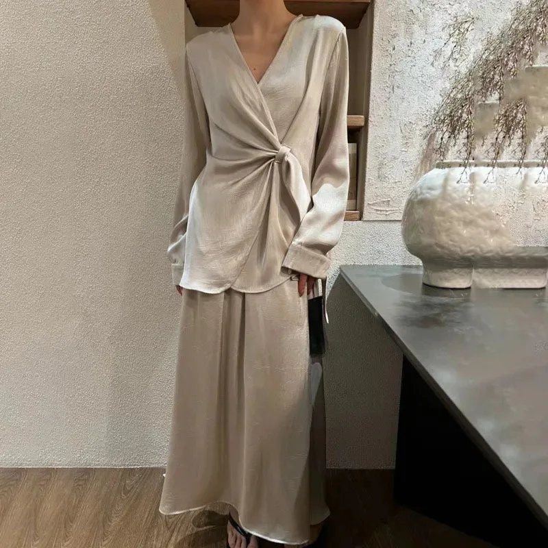 

KWTX Women’s Solid Satin Two Piece Set Wrap Tie Waist Shirt And Skirt Elegant Vintage Luxury Design Spring Summer Outfit 2025