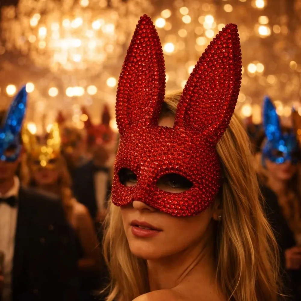 Crystal Studded Bunny Half Face Mask Full Acrylic Rhinestone Photo Shoots Rabbit Ear Mask Rhinestone Face Mask Party and Cosplay