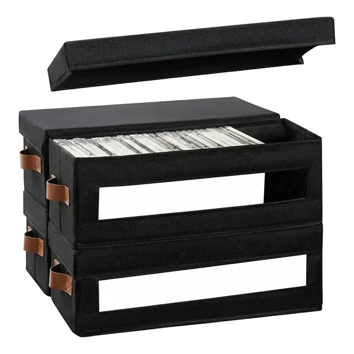 A40I CD Storage Box with Visible Window, Stackable CD Case Holder with Dustproof Lid and Handles