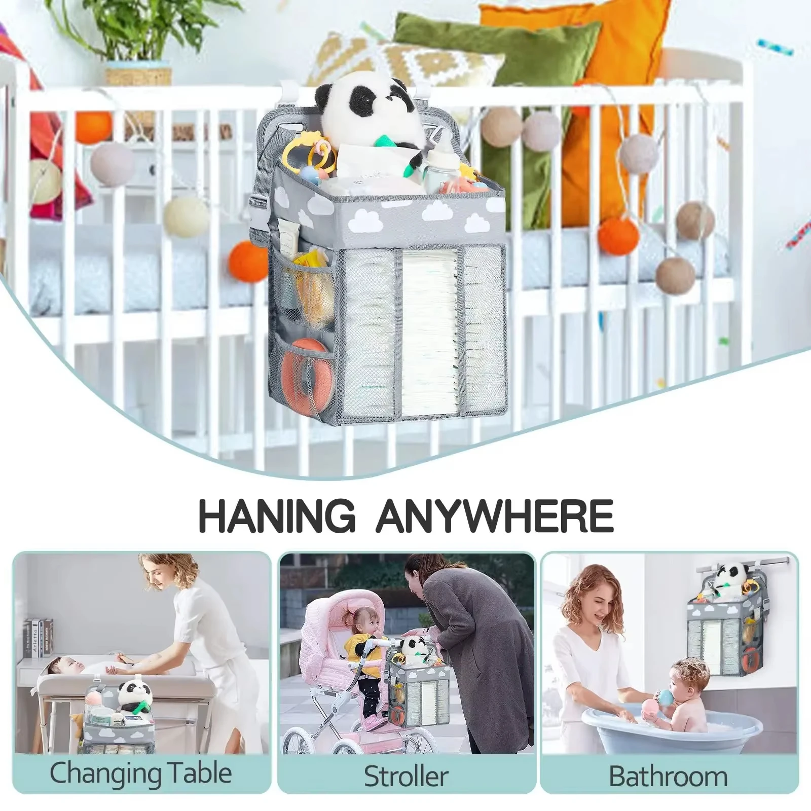 Diaper Storage Bag for Baby Newborn Bed Hanging Diaper Toy Tissue Pouch Stacker Hanging Baby Diaper Holder