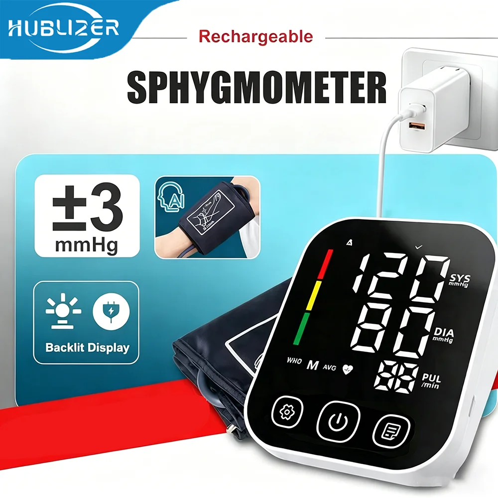 Tensiómetro Digital Portátil Hublizer, Monitor de Frecuencia Cardíaca Recargable, Monitor de Presión Arterial de Brazo, Automático y Profesional
