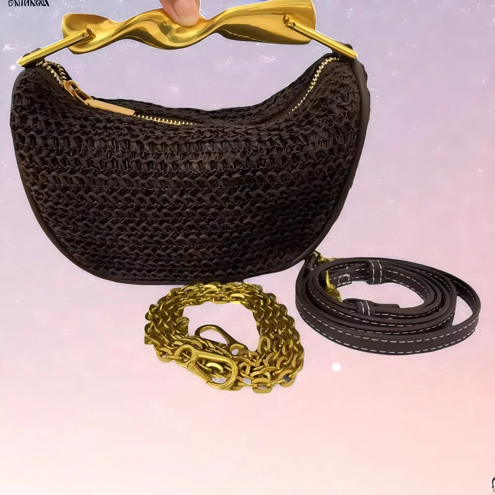 

Delicate eco-friendly rattan crescent tote bag, luxury metal handle handbag, Bohemian shoulder crossbody bag, travel beach bag