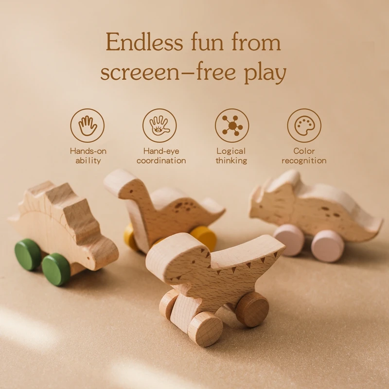 Baby Beech Wooden Block Cartoon Dinosaur Trolley Toys Kids Hand-eye Coordination Montessori Educational Toy Infant Teething Toys