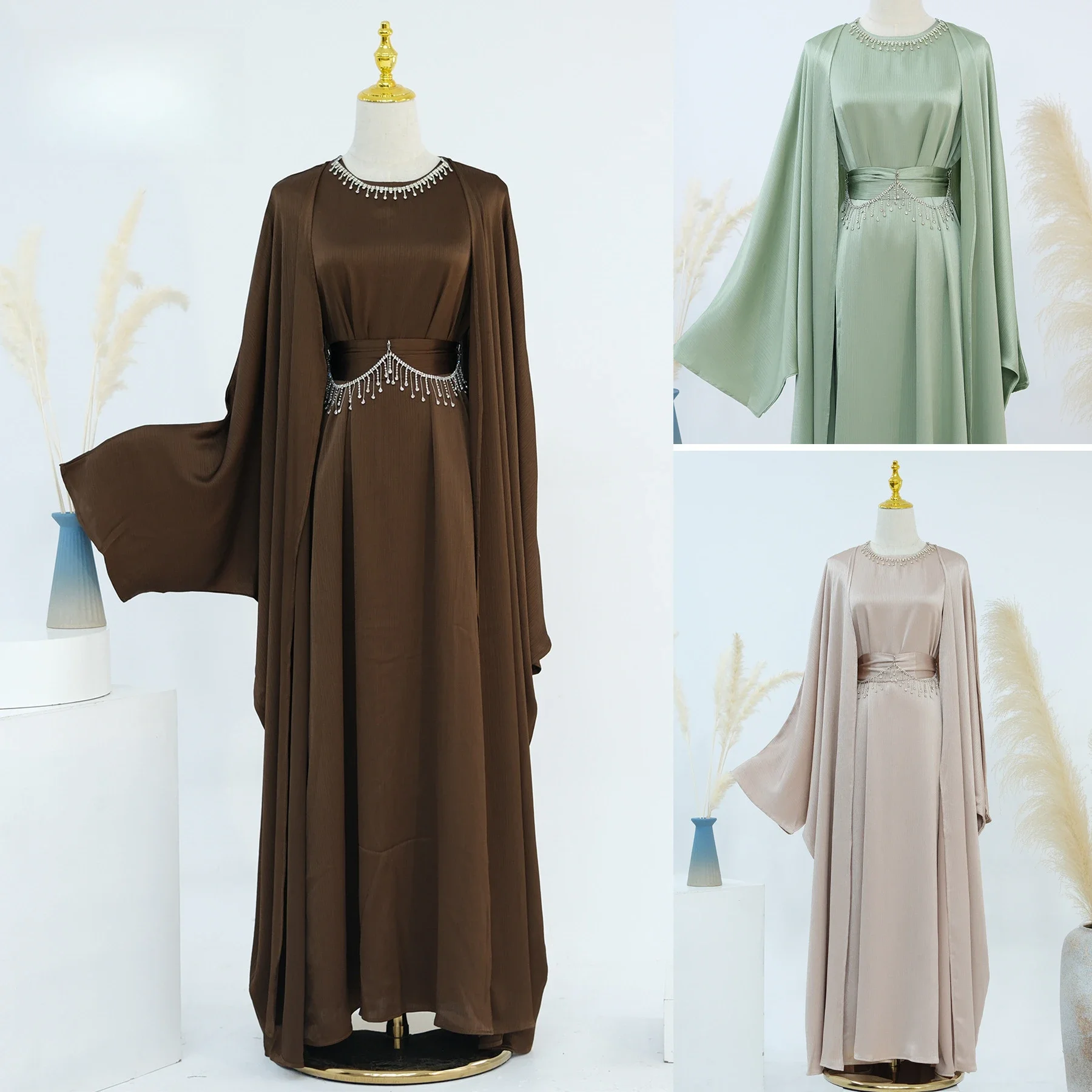 Dubai Elegant 2-piece Set with Crystal Chain Luxury Dubai Abaya Party Muslim Fashion Dress for Women Islam Clothing Ramadan Robe