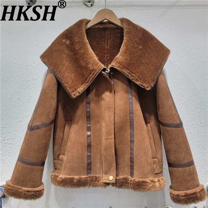 

HKSH 2025 Новое зимнее женское пальто из искусственного меха с отложным воротником на молнии в стиле пэчворк, элегантная роскошная теплая куртка с цветными блоками HK14038