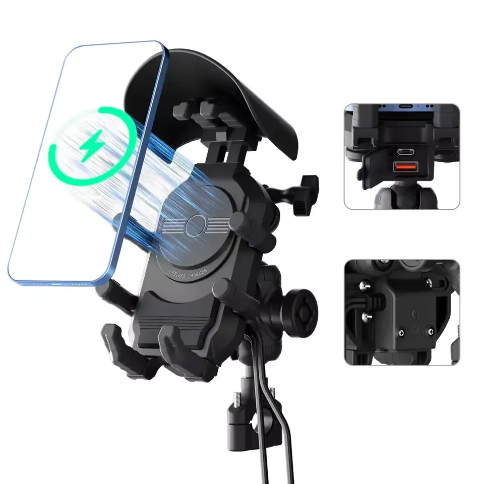 Supporto per telefono con ricarica wireless per moto Caricatore per culla per telefono GPS Supporto per moto Supporto per manubrio per cellulare per telefono da 4-7 pollici
