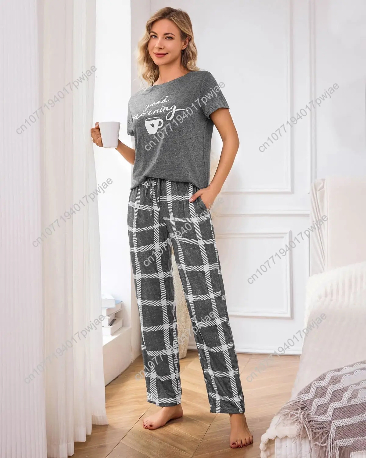 ดิฟฟิคอร์ตชุดนอนสตรี ชุดนอนแขนสั้น เสื้อท็อปพร้อมกางเกงขายาว ชุดนอน ชุดเลานจ์มีกระเป๋า