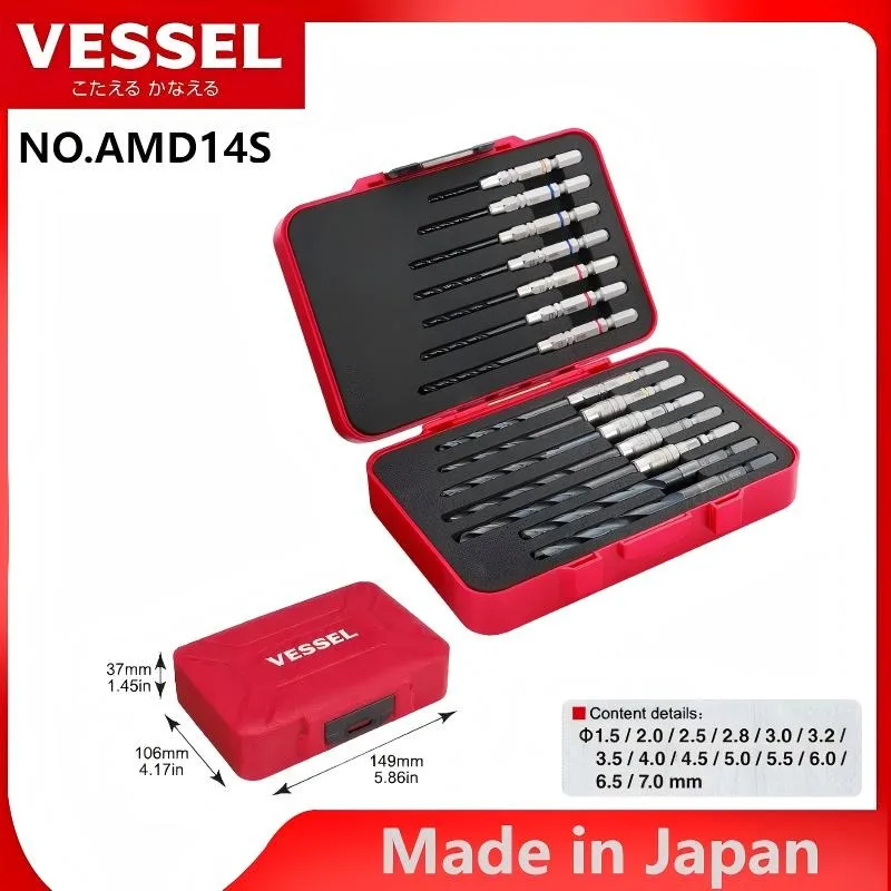 VESSEL AMD14S JIS 14-Piece Cobalt Steel Twist Drill Bits - Exclusive Box, Ideal for Steel, Wood & Plastic Plates, Fast Cutting