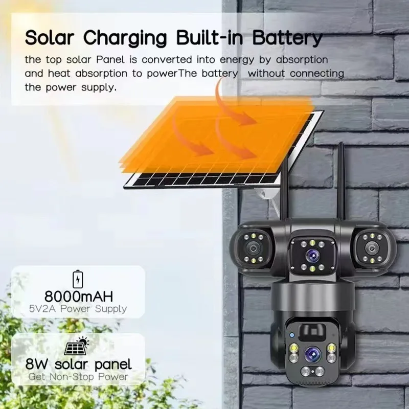 110V-220V 4G Solar Real Three-lens 3-screen Camera Panoramic 360-degree High Definition Night Vision Wireless WiFi Monitoring