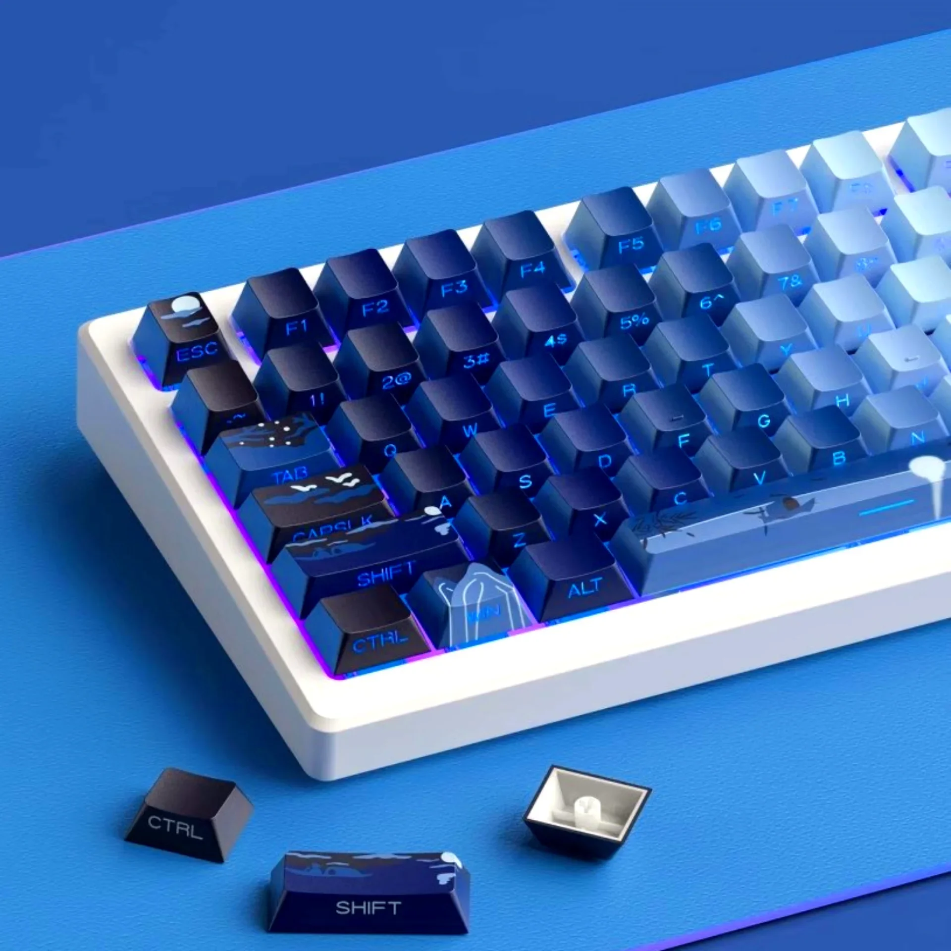 Lakeview Blue Side Engraved Keycaps PBT Cherry 131 Keys for MX Switch HI75 68 104 64 Wooting Mechanical Keyboards