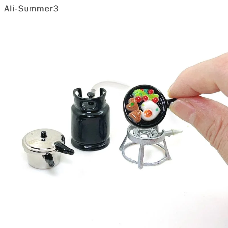 1/12 Dollhouse Kitchenware Set Mini Gas Stove Fried Egg Pressure Cooker Model Dolls House Kitchen Toys Kid Pretend Play Toy