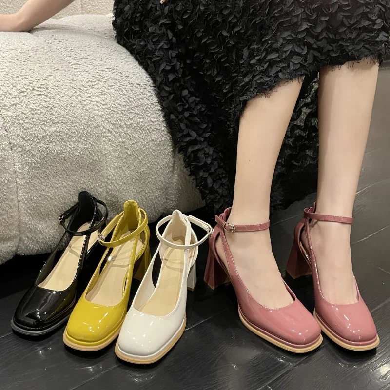 Genuine Leather Shoes Women New Mary Jane Pumps Lolita Round Toe Shoes Ladies Thick High Heel Shoes Female SpringSummer Fashion